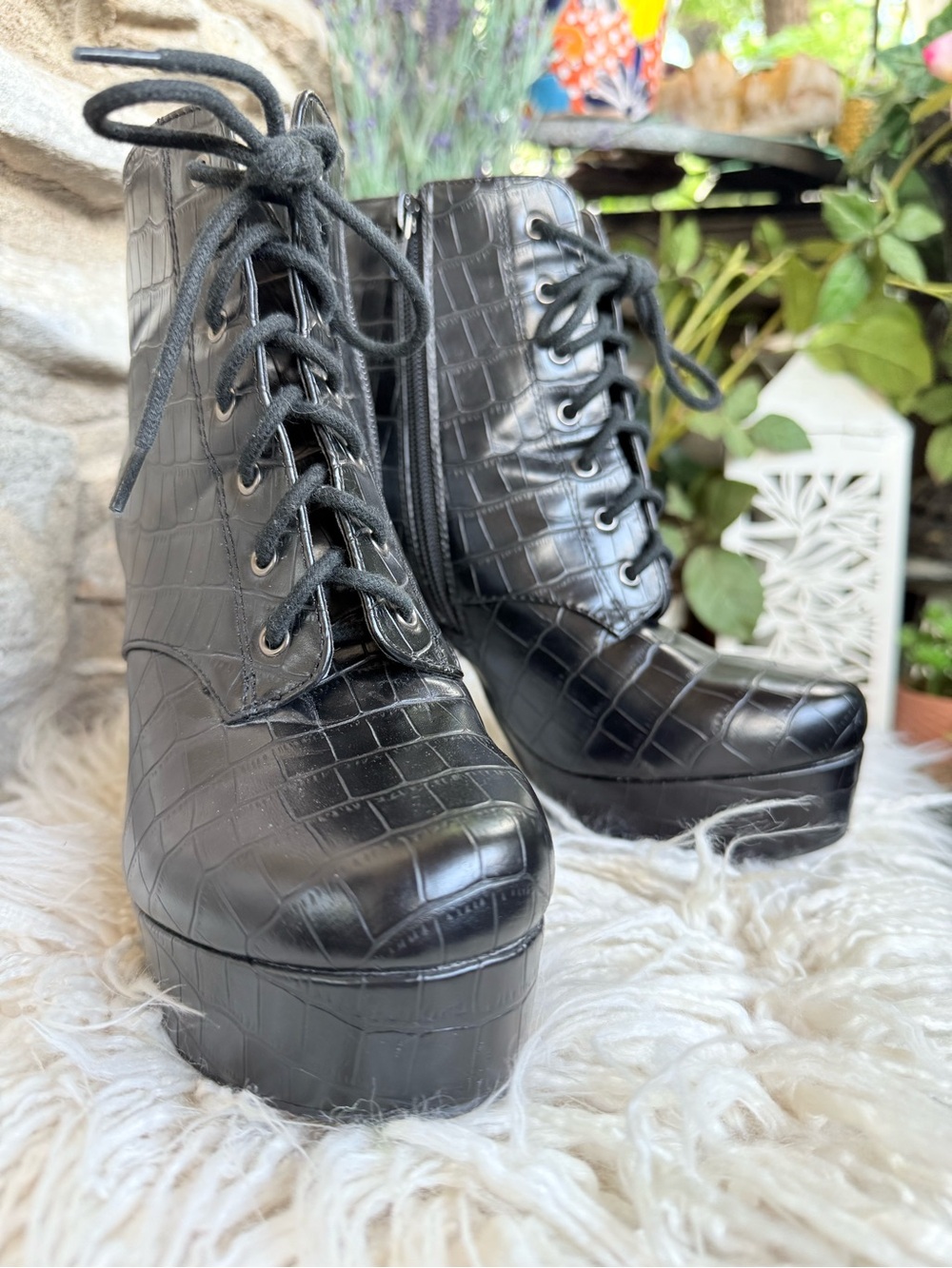Spooky Halloween Black Croc-Embossed Lace-Up Platform Booties - Women